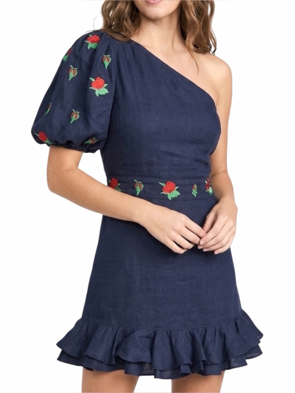 FANM MON 100%  Linen One Shoulder Puff Sleeve Rose Embroidered Ruffle Dress‎